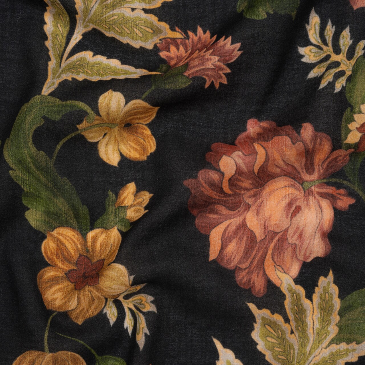 1 Yard Rose Renaissance Cotton Crepe Fabric Black Dark Red Golden Ochre Floral 53 inch Width